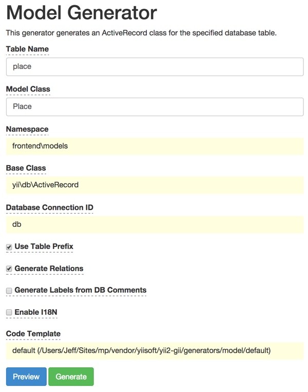 Meeting Planner Yii2 Gii Model Generator Place Table