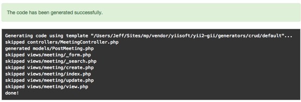 Meeting Planner Yii2 Gii Model Generator Success