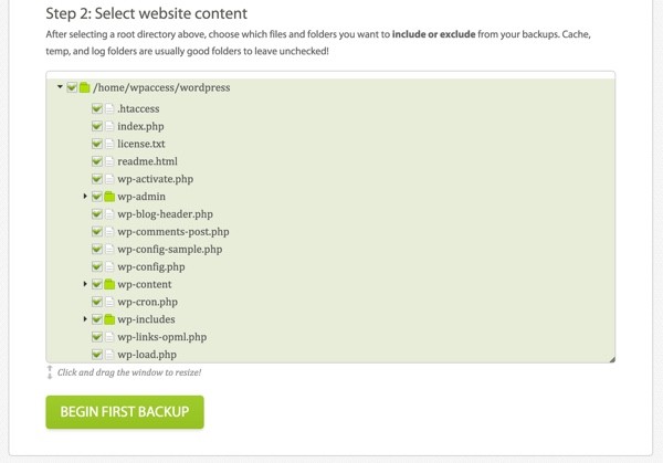 CodeGuard Select Website Content for Backups