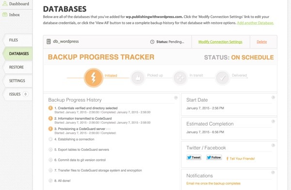 CodeGuard Database Backup Progress Tracker