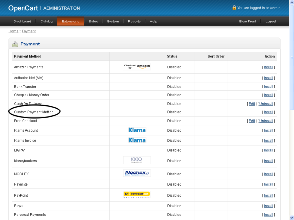 Custom Payment Method Listed in the Back-End