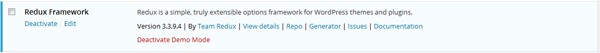 A Redux Framework entry in the Plugins panel - with Deactivate Demo Mode option