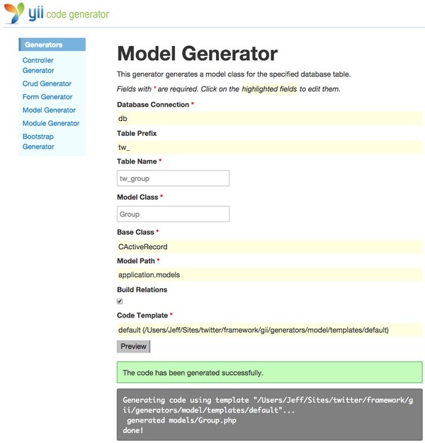 Yii Model Generator