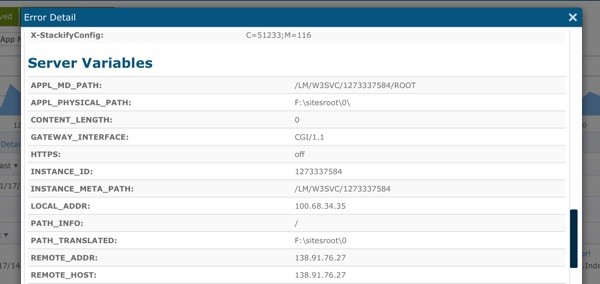 Stackify Detail Error Information Server Variables