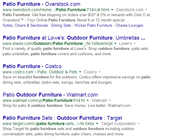 Patio Furniture search results in Google