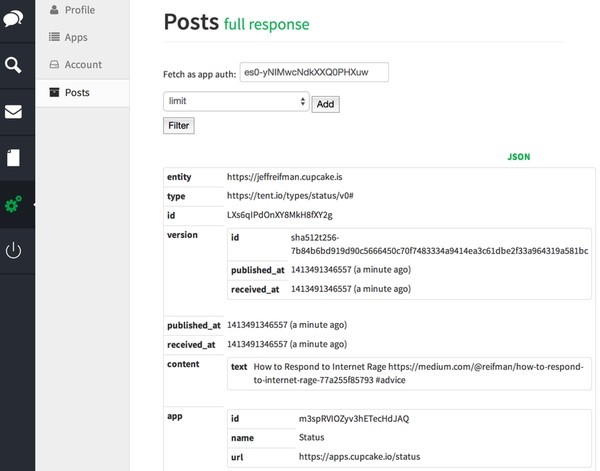 API console with Tent