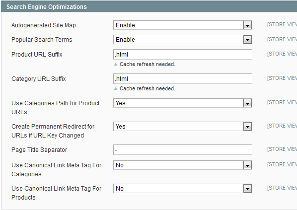 Default Magento SEO settings