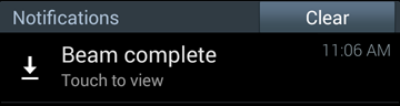 Beam complete notification as displayed on Receiver