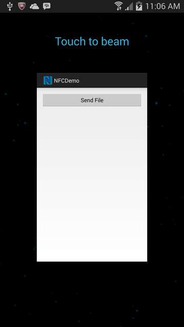 The Touch to beam UI as displayed on the Sender