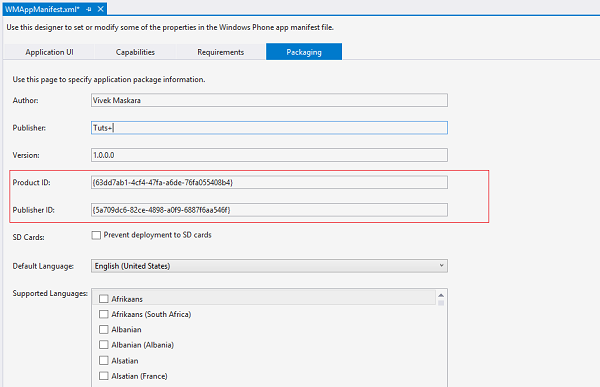 Update product ID and publisher ID in WMAppManifest file