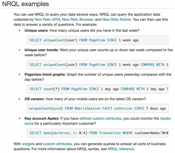 New Relic Insights NRQL Example Queries