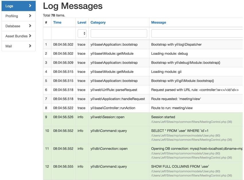 Programming Yii - Debugger Log Messages