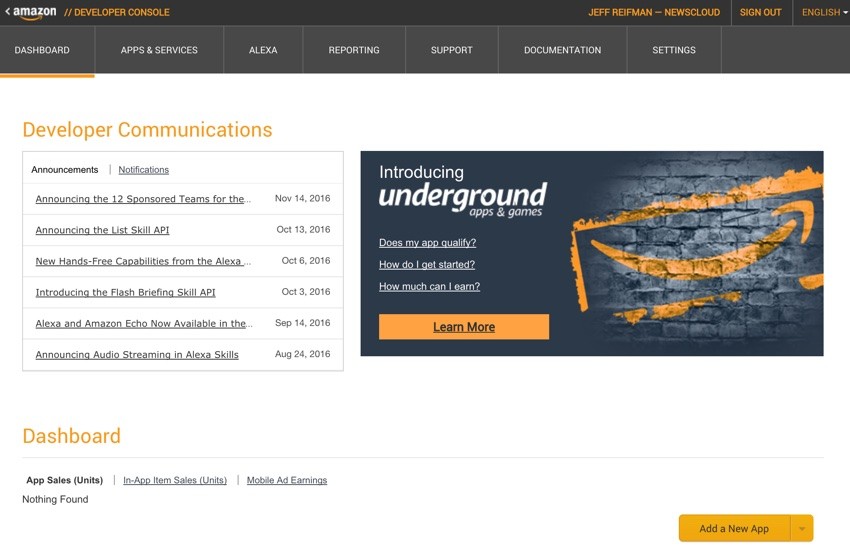 Amazon Appstore - Developer Console Dashboard