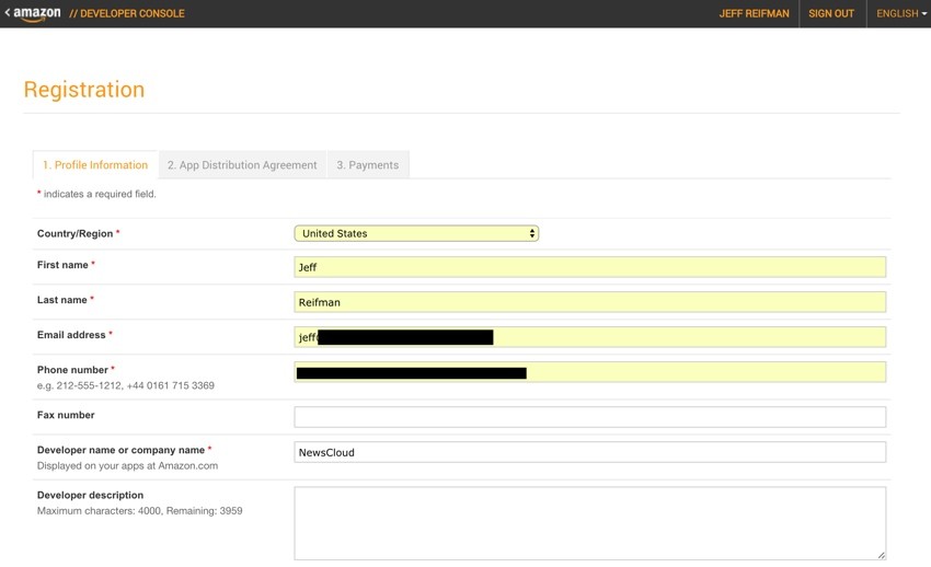 Amazon Appstore - Amazon Developer Console Registration Forms