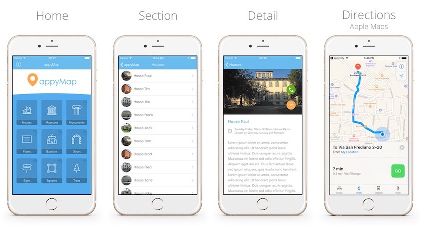 appyMap screens Home Section Detail and Directions