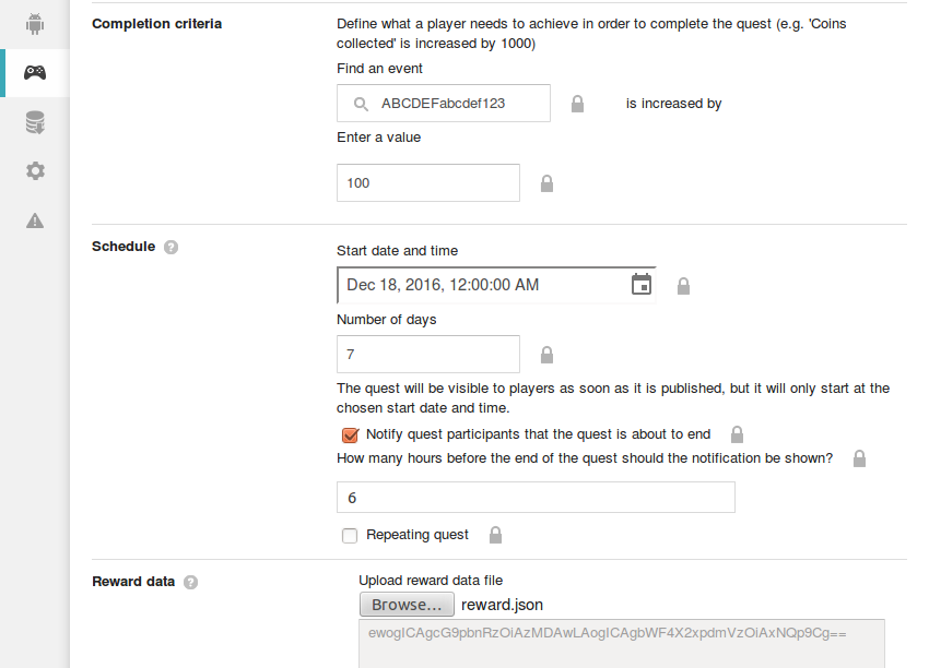 Completion criteria schedule and reward data sections