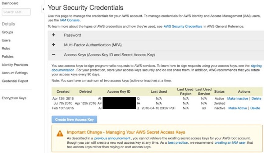 Yii AWS S3 - Security Credentials and Access Keys