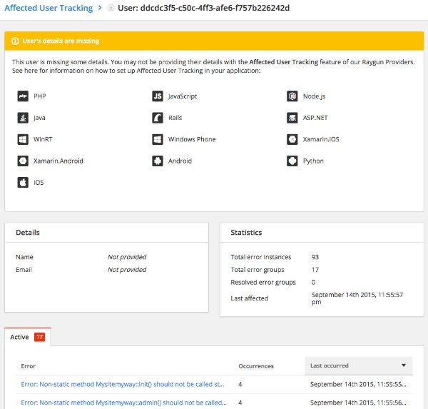 Raygun user tracking screen