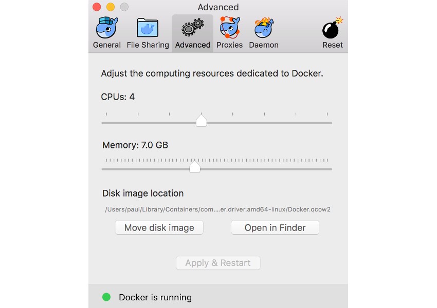 Docker advanced settings screen