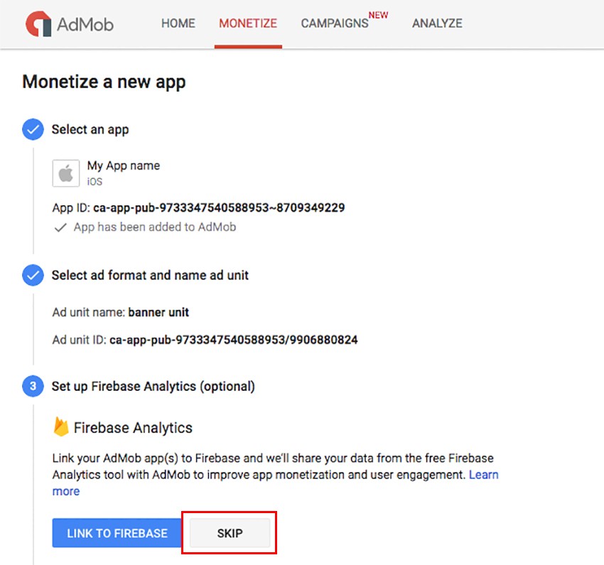 Link AdMob to Firebase Analytics optional