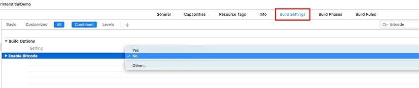 Enable Bitcode option set to No