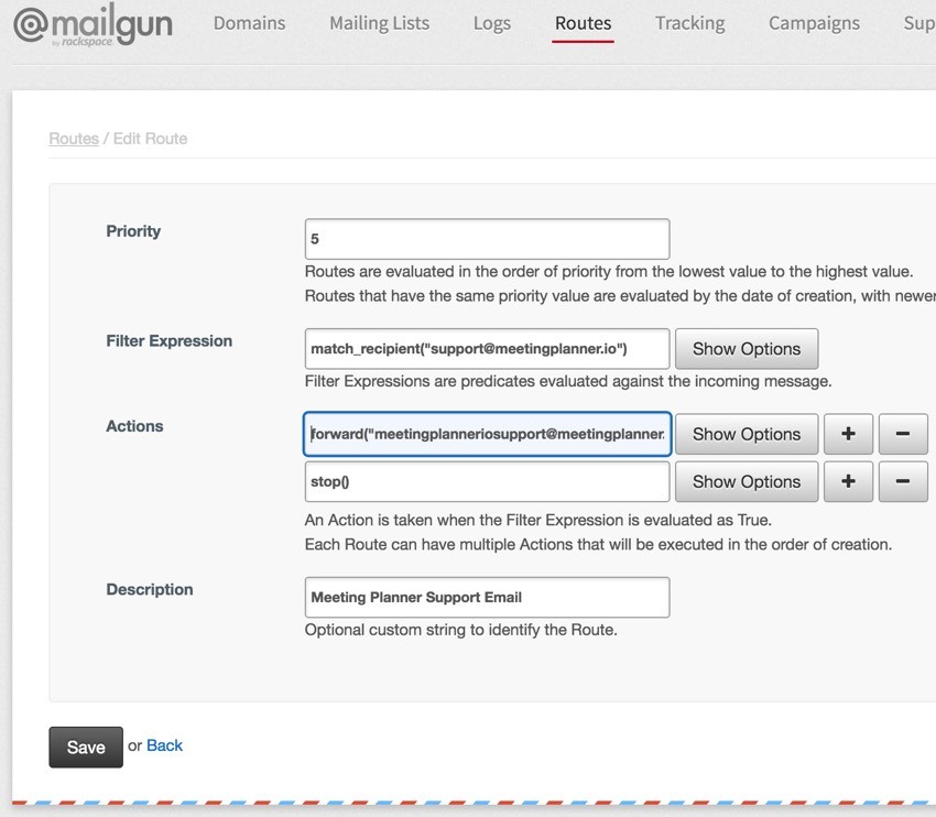 Meeting Planner Support - Mailgun Routing of the Support Mailbox