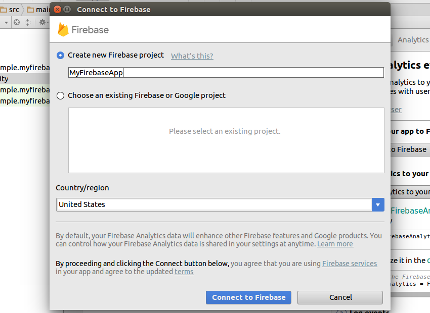 Connect to Firebase dialog