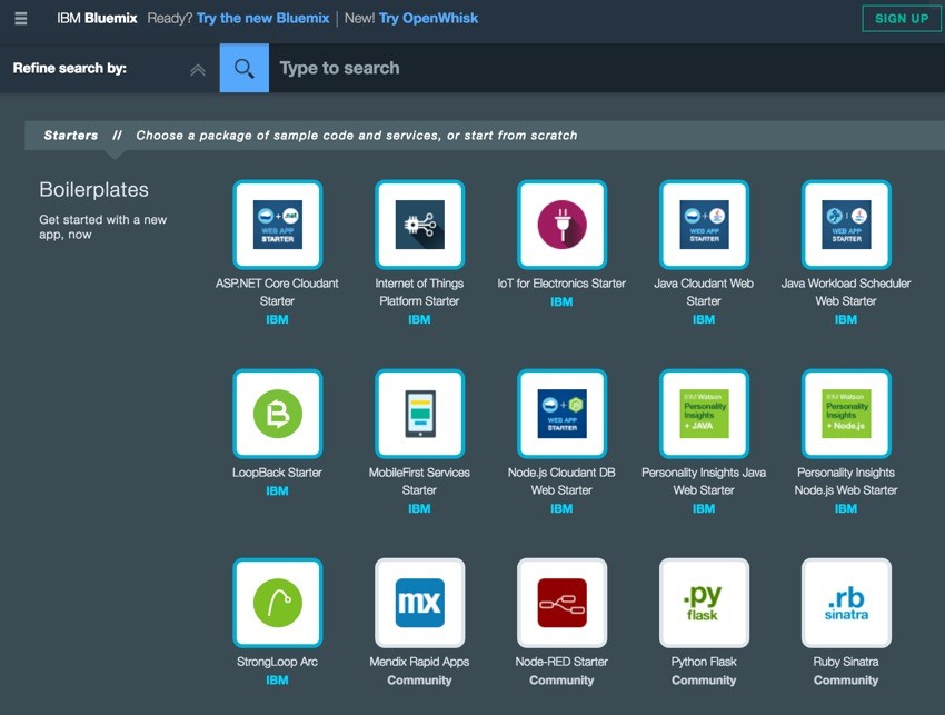 IBM Bluemix IoT Arm Gestures - Boilerplates menu