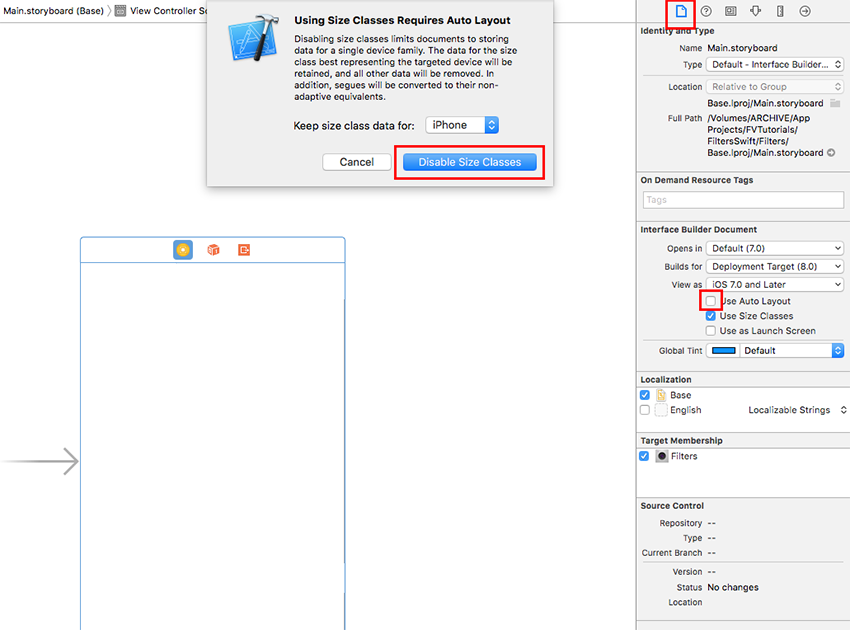Disable Auto Layout and Size Classes