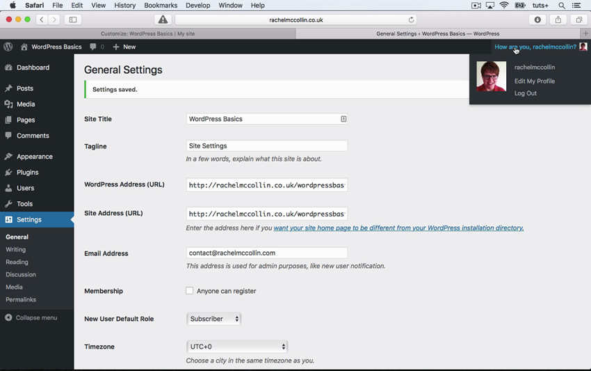 The WordPress General Settings screen