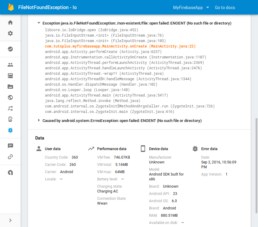 Crash details including stack trace