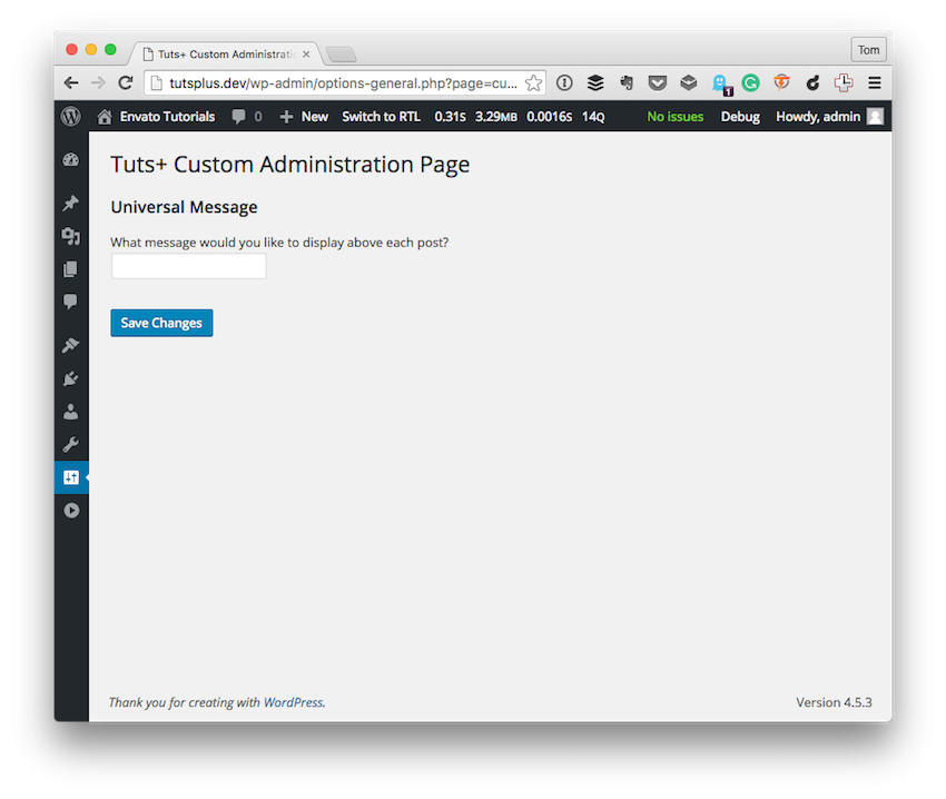 The final version of the Tuts Custom Administration Screen