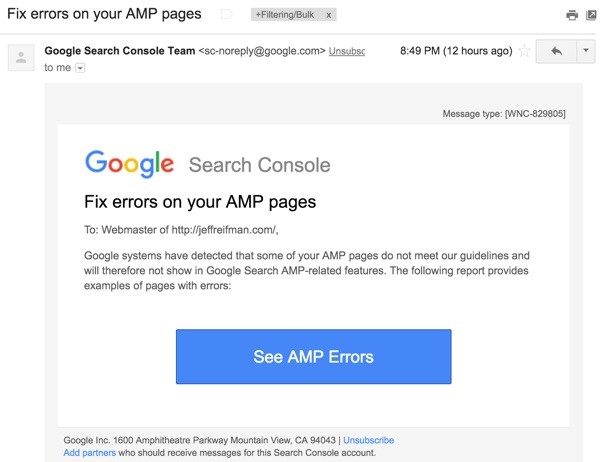 AMP for WordPress - Email from Google Search Console