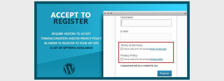 WP Accept to Register Terms of Service  Privacy Policy