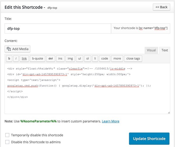 Optimizing DFP Revenue - Editing the Shortcode with DFP Ad Script