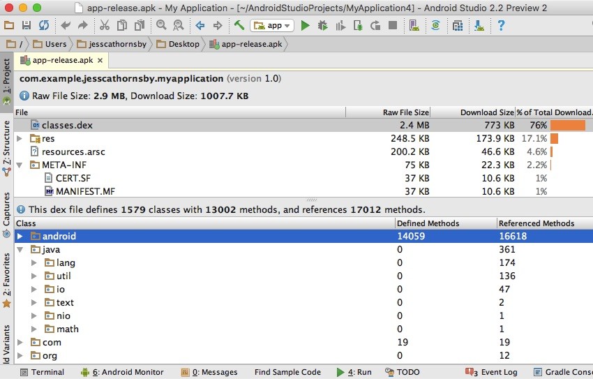 The APK Analyzer displays the contents of your APK along with the size of each component