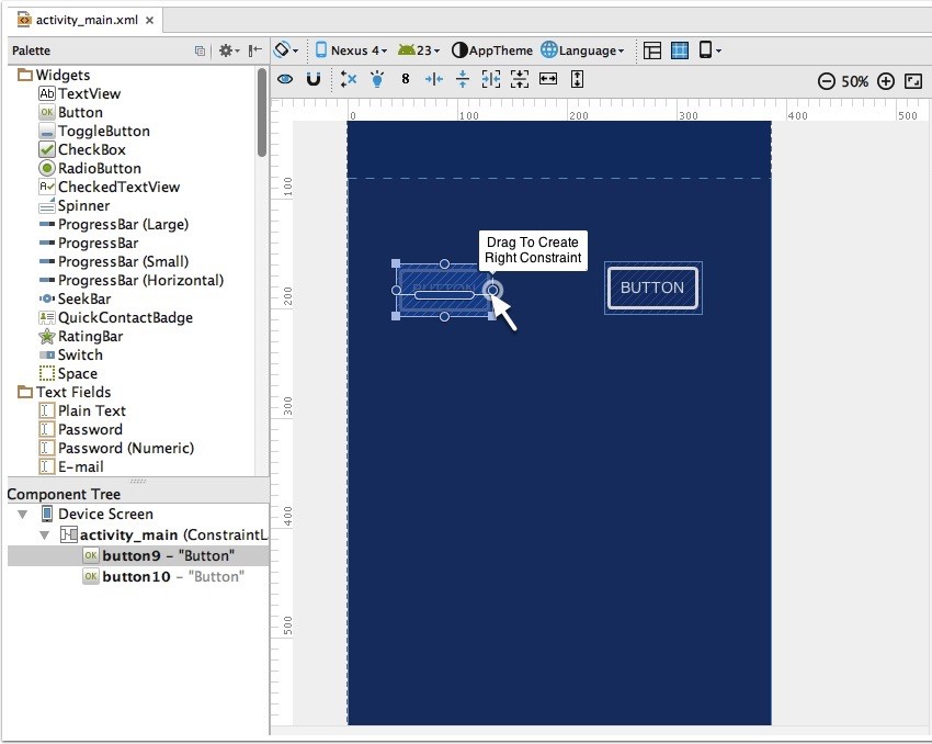 Hover over a view and its constraint handles appear as small white circles