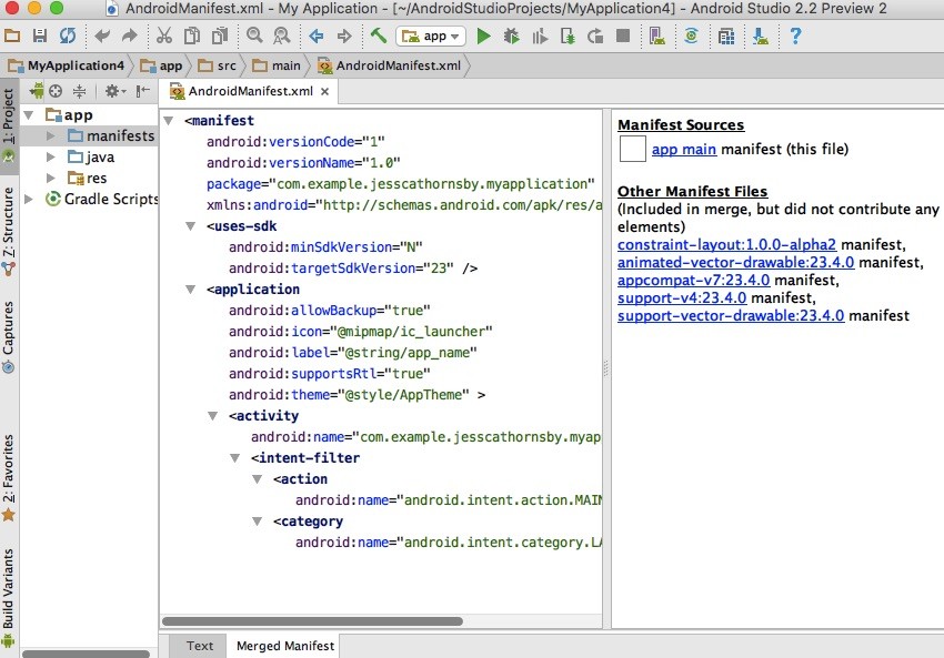 Access the Merged Manifest Viewer by opening your the manifest of your project and selecting the Merged Manifest tab