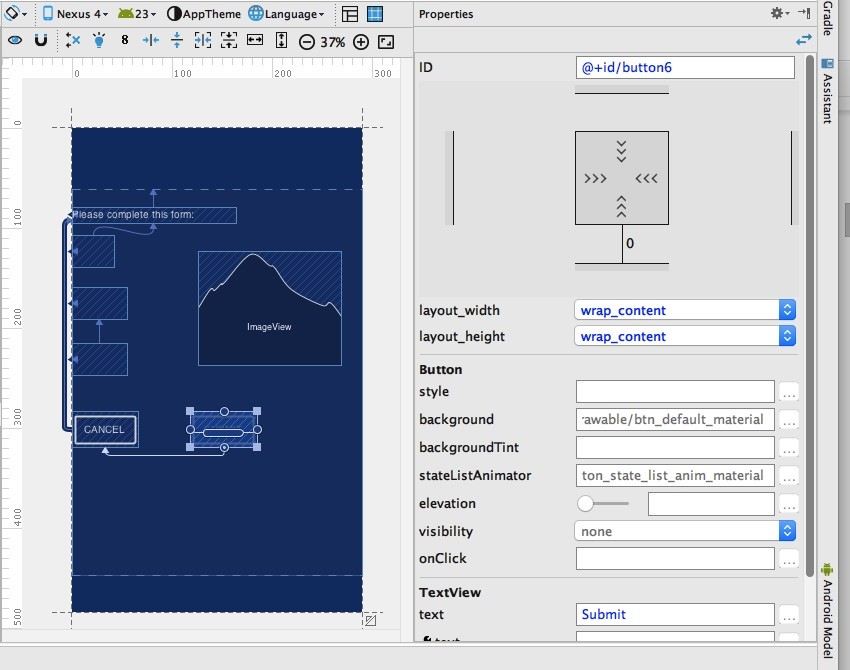 The properties panel appears to the right-hand side of the Android Studio window