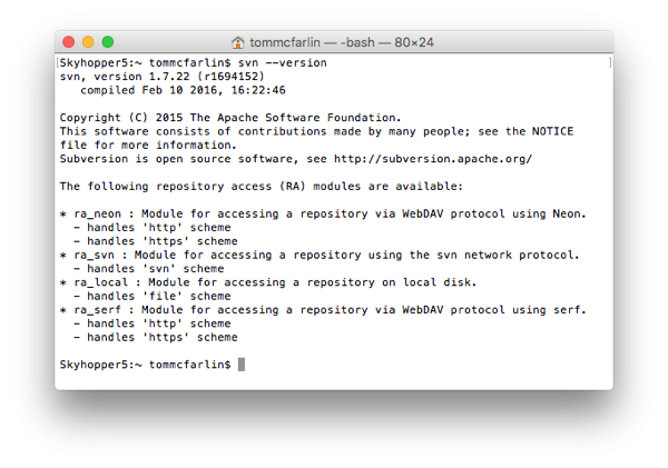 Subversion version output in the console
