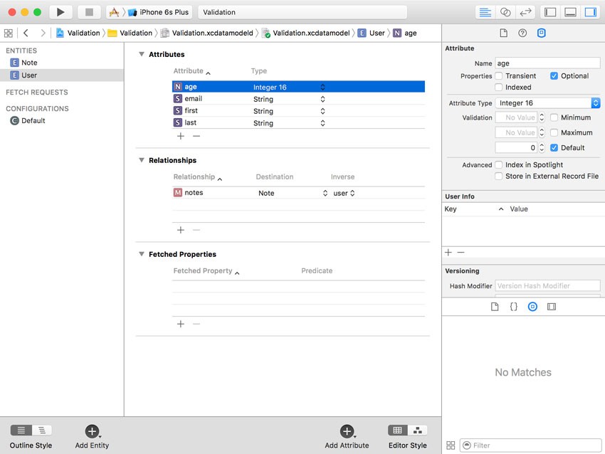 Validation Rules in the Data Model Inspector