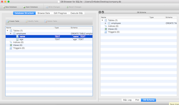 DB Browser for SQLite Database Structure screen