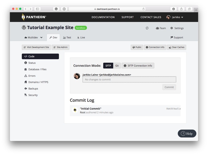 Your new WordPress site on the Pantheon dashboard