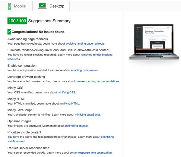 Desktop PageSpeed score 100