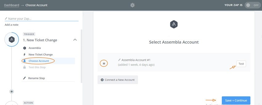 Assembla Zapier Automated Workflow - Choose your Assembla account
