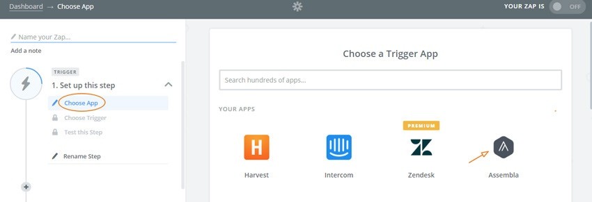 Assembla Zapier Automated Workflow - Choose Assembla as the Trigger App 