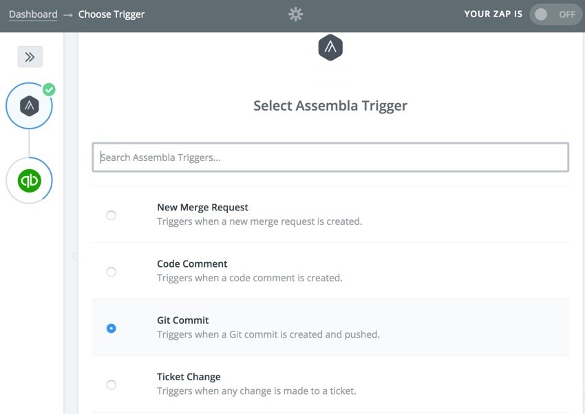 Assembla Zapier Automated Workflow - Select Assembla Trigger Git Commit