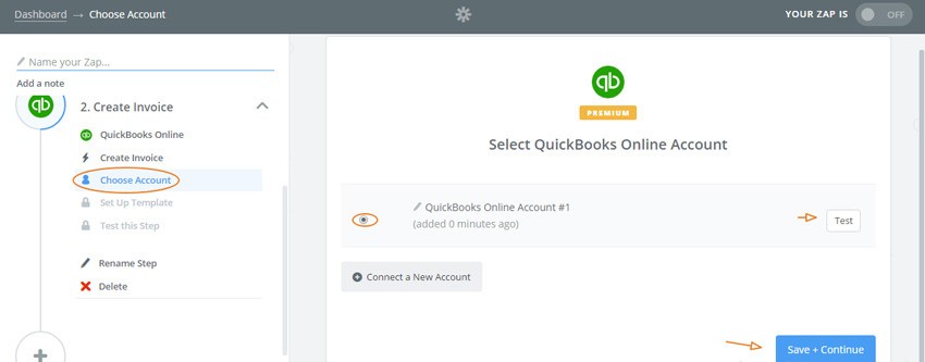 Assembla Zapier Automated Workflow - select Quickbooks account