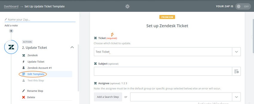 Assembla Zapier Automated Workflow - Choose a Zendesk Ticket Template to use for updates