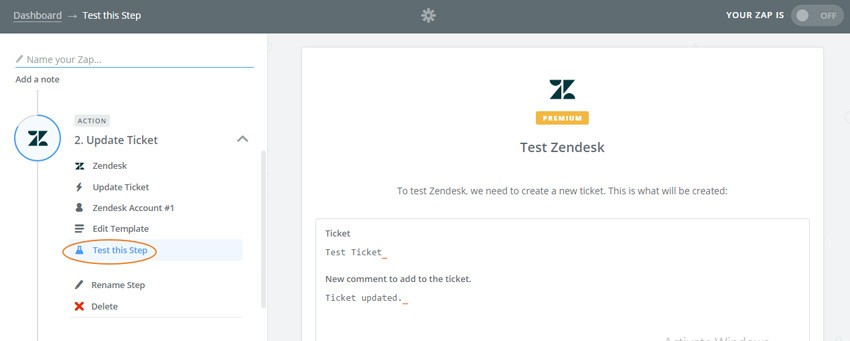 Assembla Zapier Automated Workflow - Test Zendesk by creating a new ticket